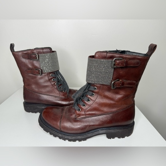 Brunello Cucinelli Monili Leather Combat Brown Boots - Refined Elegance - Picture 1 of 9